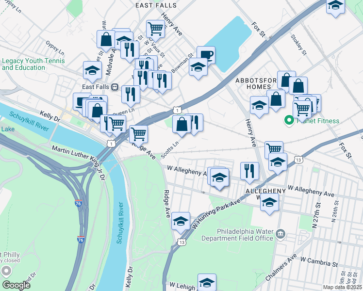 map of restaurants, bars, coffee shops, grocery stores, and more near 2 Scotts Lane in Philadelphia
