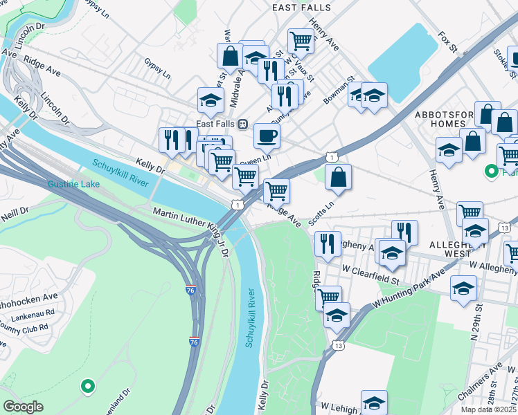 map of restaurants, bars, coffee shops, grocery stores, and more near 4041 Ridge Avenue in Philadelphia