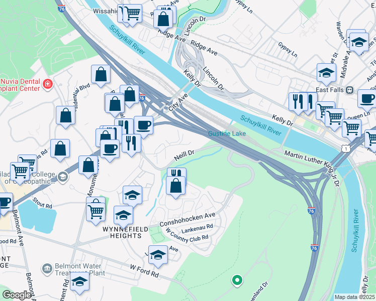 map of restaurants, bars, coffee shops, grocery stores, and more near 3800 City Avenue in Philadelphia