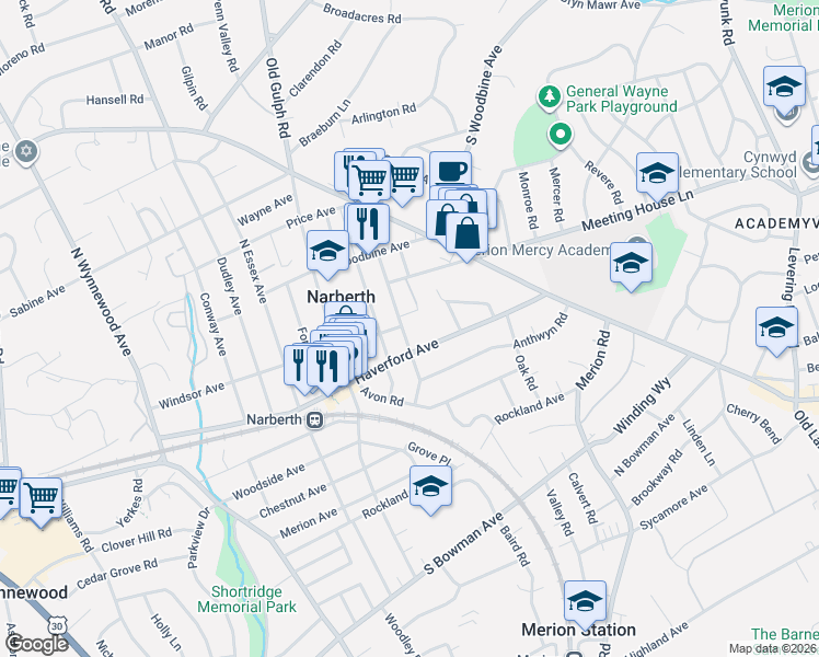 map of restaurants, bars, coffee shops, grocery stores, and more near 211 Iona Avenue in Narberth