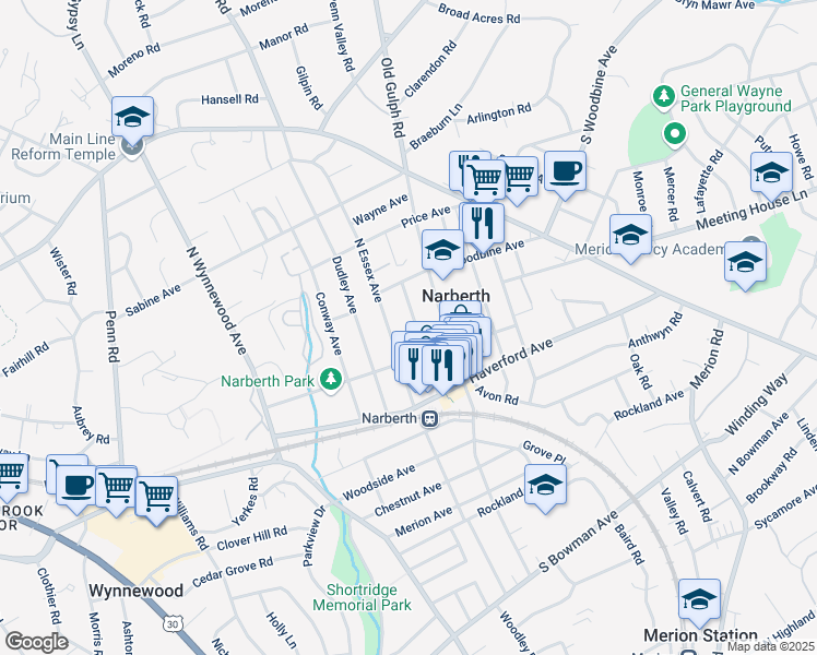map of restaurants, bars, coffee shops, grocery stores, and more near 224 Forrest Avenue in Narberth