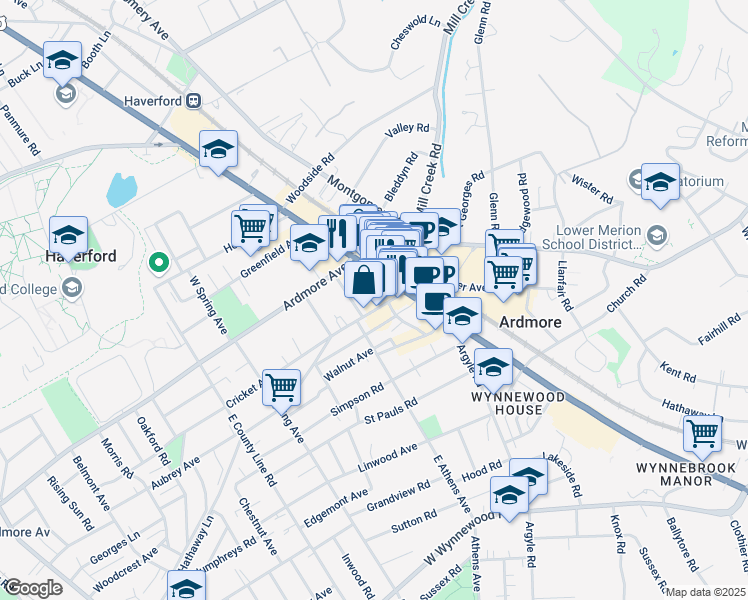 map of restaurants, bars, coffee shops, grocery stores, and more near 38 Lancaster Avenue in Ardmore