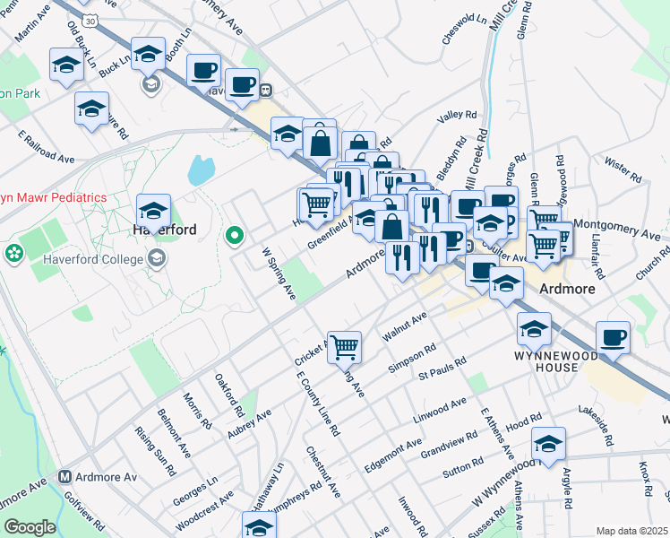 map of restaurants, bars, coffee shops, grocery stores, and more near 51 Greenfield Avenue in Ardmore