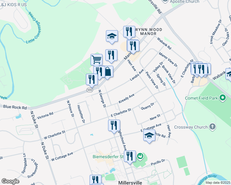 map of restaurants, bars, coffee shops, grocery stores, and more near 62 Landis Avenue in Millersville