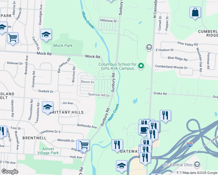 map of restaurants, bars, coffee shops, grocery stores, and more near 1839 Meadowlawn Drive in Columbus