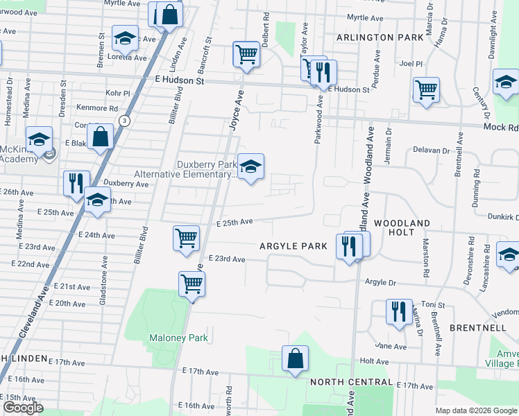 map of restaurants, bars, coffee shops, grocery stores, and more near 1810 East 26th Avenue in Columbus