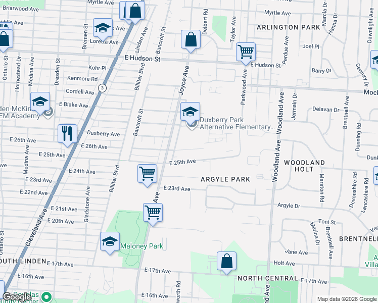 map of restaurants, bars, coffee shops, grocery stores, and more near 1746 East 26th Avenue in Columbus