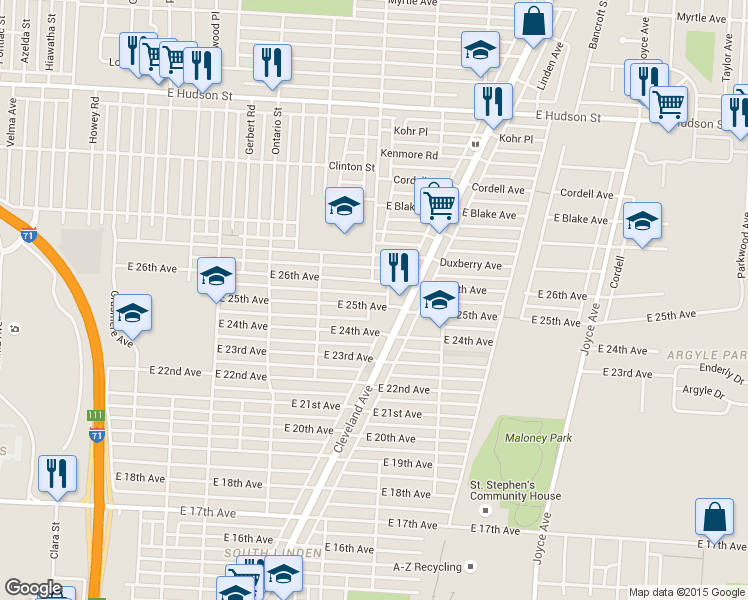 map of restaurants, bars, coffee shops, grocery stores, and more near 1357 East 26th Avenue in Columbus