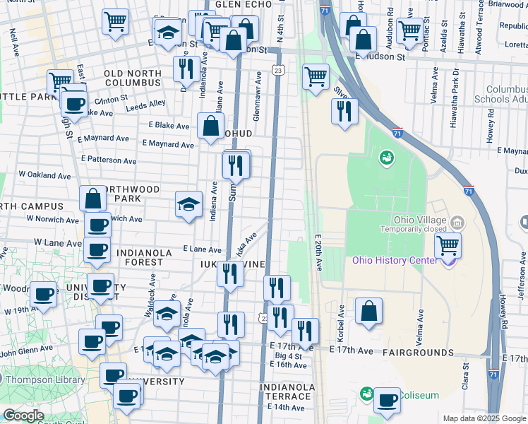 map of restaurants, bars, coffee shops, grocery stores, and more near in Columbus