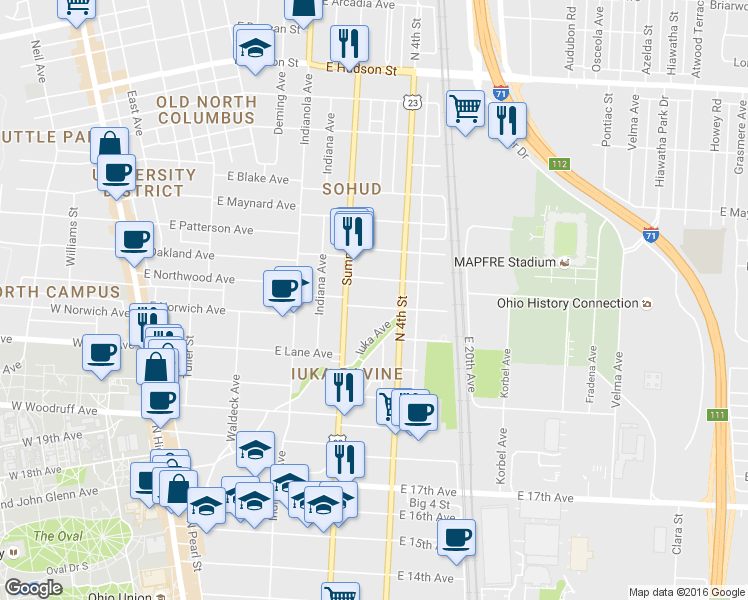 map of restaurants, bars, coffee shops, grocery stores, and more near 371 Alden Avenue in Columbus