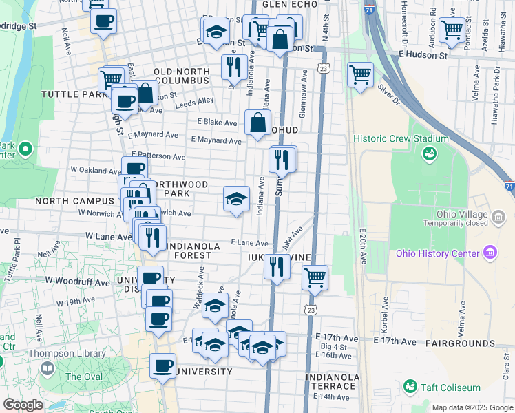 map of restaurants, bars, coffee shops, grocery stores, and more near in Columbus