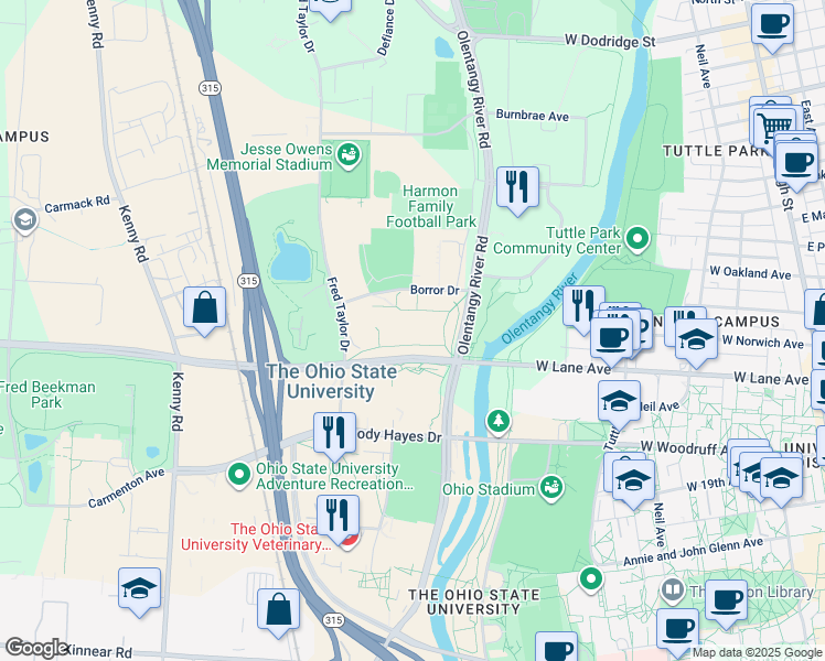 map of restaurants, bars, coffee shops, grocery stores, and more near 555 Borror Drive in Columbus