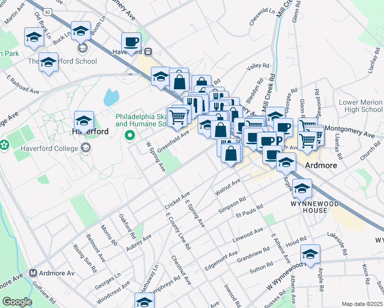 map of restaurants, bars, coffee shops, grocery stores, and more near 51 Greenfield Avenue in Ardmore