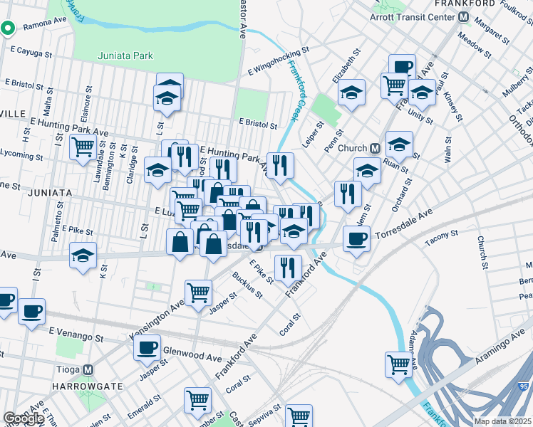 map of restaurants, bars, coffee shops, grocery stores, and more near 1626 Worrell Street in Philadelphia
