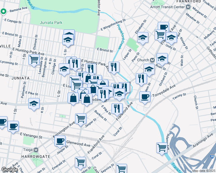 map of restaurants, bars, coffee shops, grocery stores, and more near 1624 Worrell Street in Philadelphia