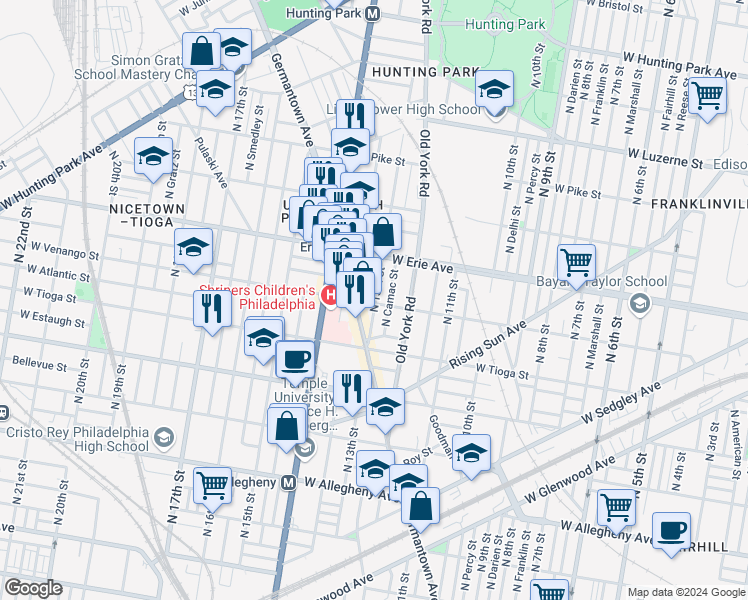 map of restaurants, bars, coffee shops, grocery stores, and more near 1301 West Venango Street in Philadelphia