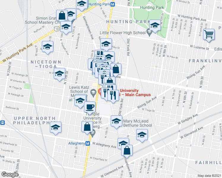 map of restaurants, bars, coffee shops, grocery stores, and more near 1305 West Venango Street in Philadelphia