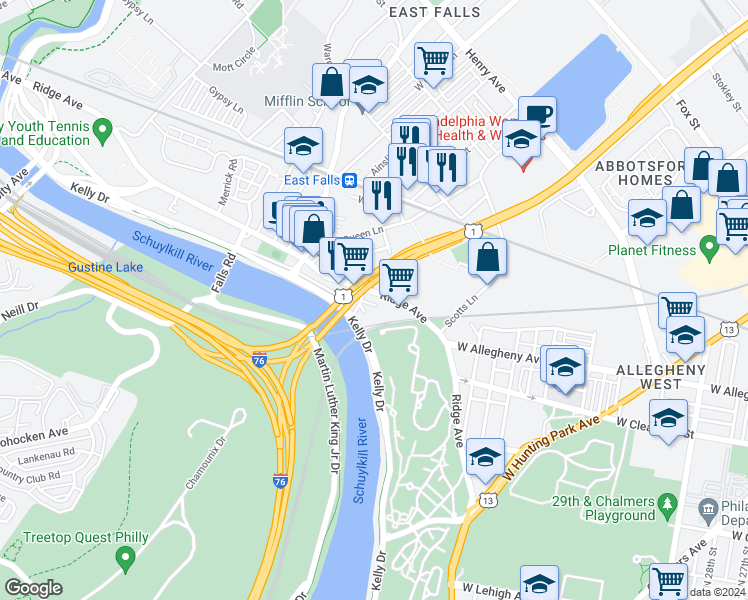 map of restaurants, bars, coffee shops, grocery stores, and more near 4056 Ridge Avenue in Philadelphia