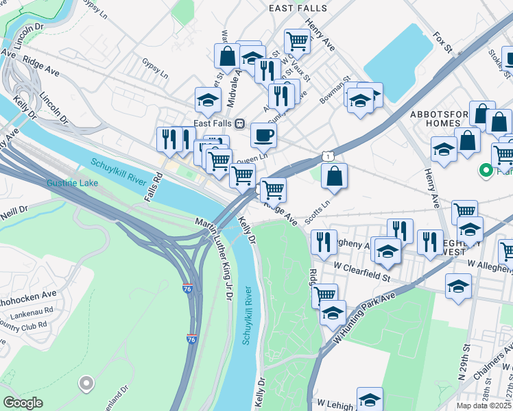map of restaurants, bars, coffee shops, grocery stores, and more near 4041 Ridge Avenue in Philadelphia