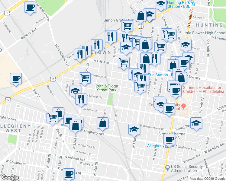 map of restaurants, bars, coffee shops, grocery stores, and more near 1931 West Tioga Street in Philadelphia