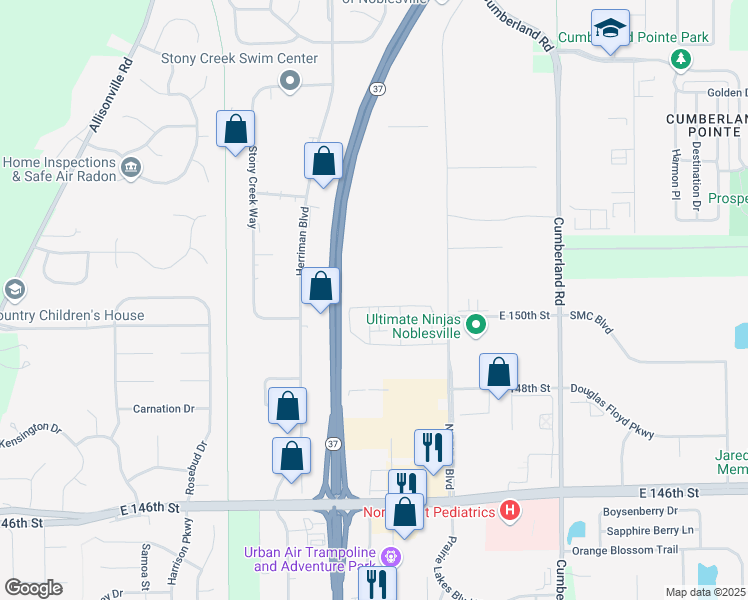 map of restaurants, bars, coffee shops, grocery stores, and more near 9386 Edgestone Drive in Noblesville