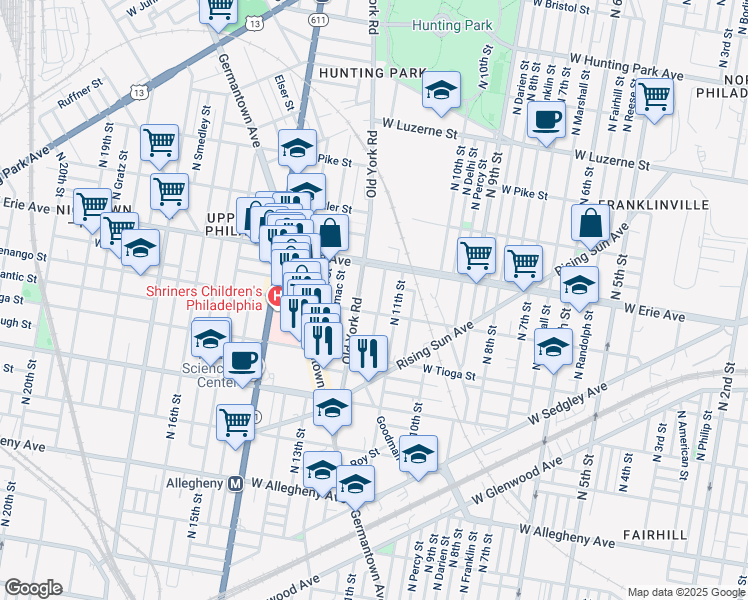 map of restaurants, bars, coffee shops, grocery stores, and more near 3616 North Marvine Street in Philadelphia