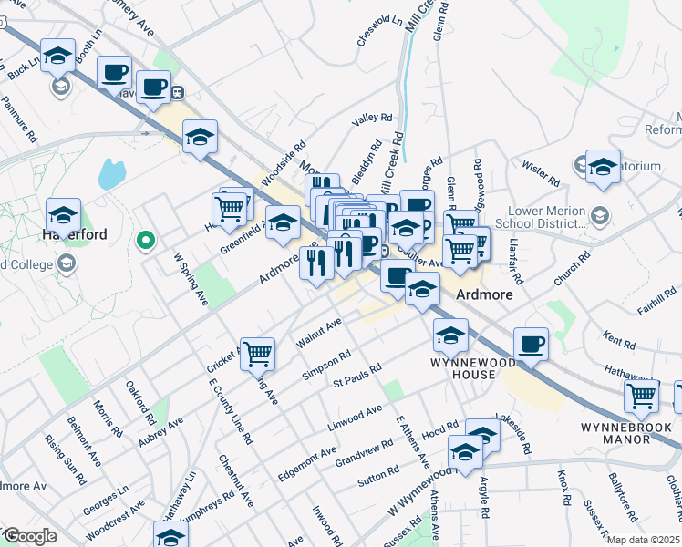 map of restaurants, bars, coffee shops, grocery stores, and more near 24 Cricket Avenue in Ardmore