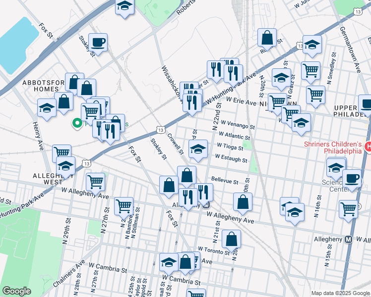 map of restaurants, bars, coffee shops, grocery stores, and more near 3417 Judson Street in Philadelphia