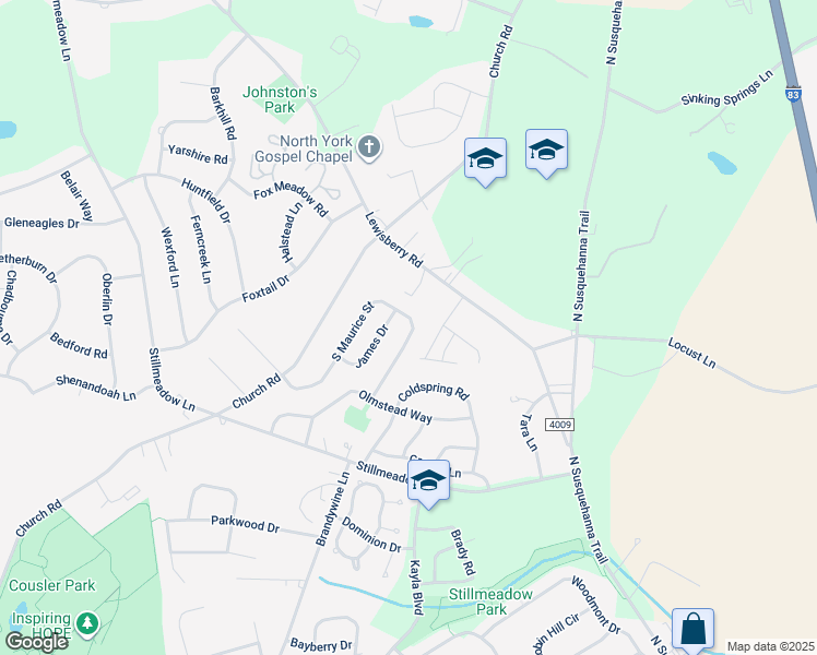 map of restaurants, bars, coffee shops, grocery stores, and more near 626 South Maurice Street in York