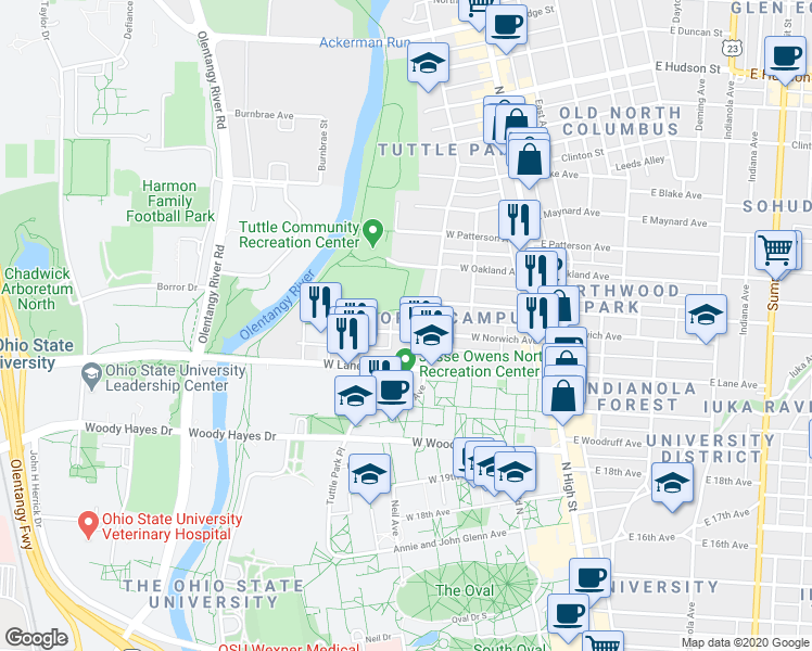map of restaurants, bars, coffee shops, grocery stores, and more near 198 West Norwich Avenue in Columbus