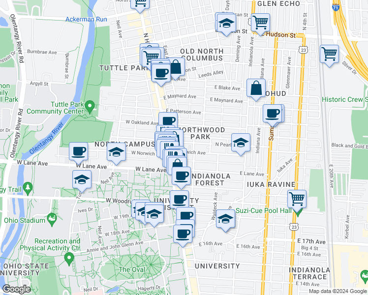 map of restaurants, bars, coffee shops, grocery stores, and more near 44 East Norwich Avenue in Columbus