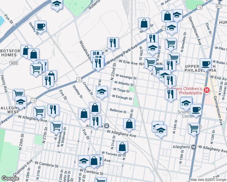 map of restaurants, bars, coffee shops, grocery stores, and more near 2128 West Tioga Street in Philadelphia