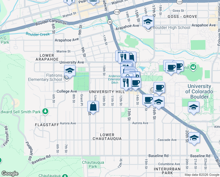 map of restaurants, bars, coffee shops, grocery stores, and more near 1131-1133 11th Street in Boulder