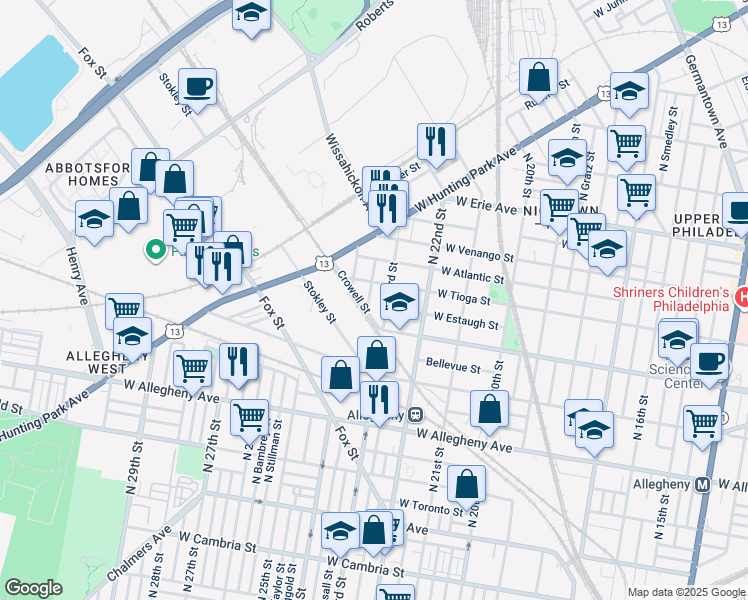 map of restaurants, bars, coffee shops, grocery stores, and more near 3417 Judson Street in Philadelphia