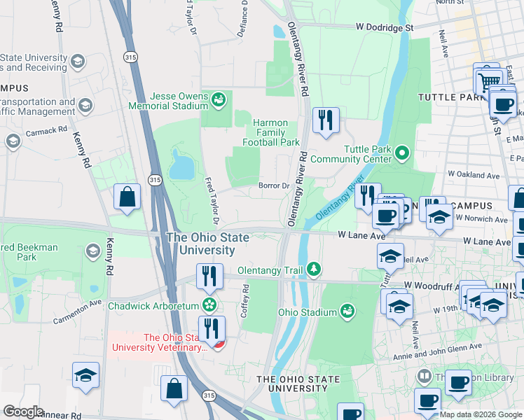 map of restaurants, bars, coffee shops, grocery stores, and more near 555 Borror Drive in Columbus