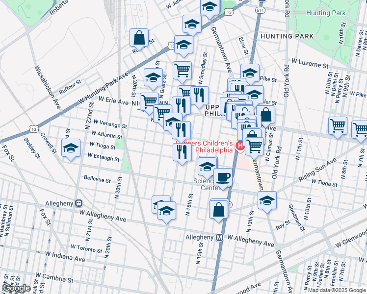 map of restaurants, bars, coffee shops, grocery stores, and more near 3521 North 17th Street in Philadelphia