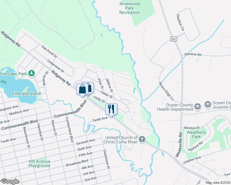 map of restaurants, bars, coffee shops, grocery stores, and more near 1848 Ridgeway Road in Toms River