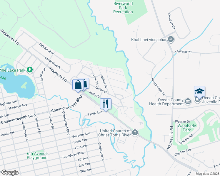 map of restaurants, bars, coffee shops, grocery stores, and more near 1848 Ridgeway Road in Toms River