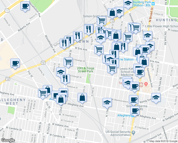map of restaurants, bars, coffee shops, grocery stores, and more near 1937 West Tioga Street in Philadelphia