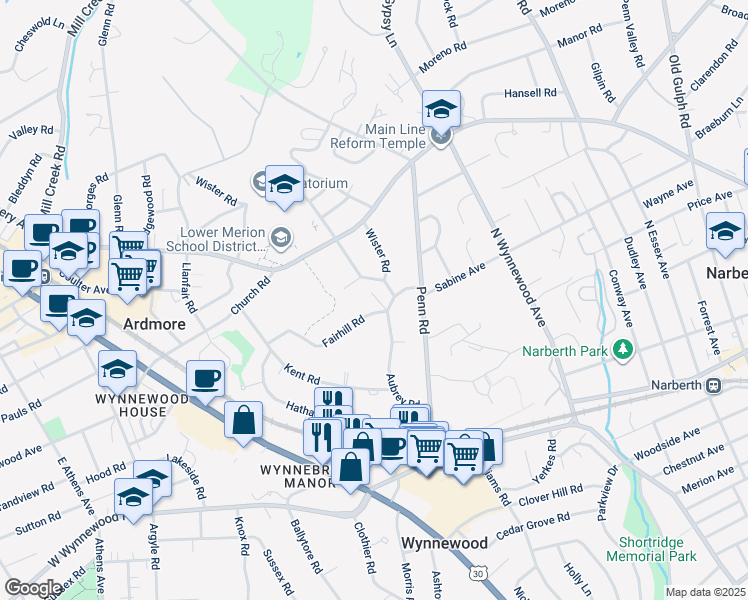 map of restaurants, bars, coffee shops, grocery stores, and more near 334 Fairhill Road in Wynnewood
