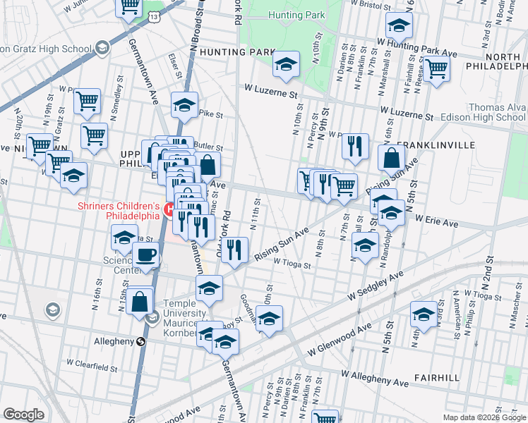 map of restaurants, bars, coffee shops, grocery stores, and more near 1041 West Pacific Street in Philadelphia