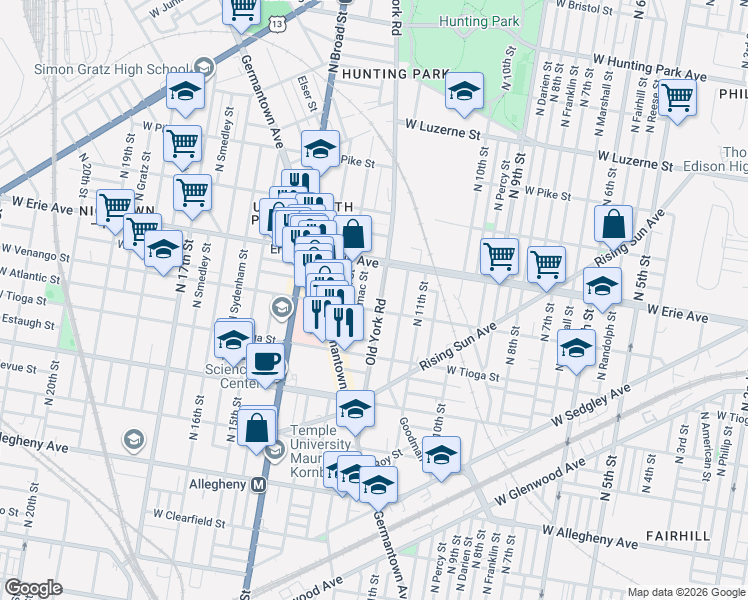map of restaurants, bars, coffee shops, grocery stores, and more near 3635 North Camac Street in Philadelphia