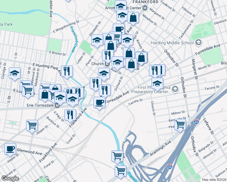 map of restaurants, bars, coffee shops, grocery stores, and more near 4171 Paul Street in Philadelphia