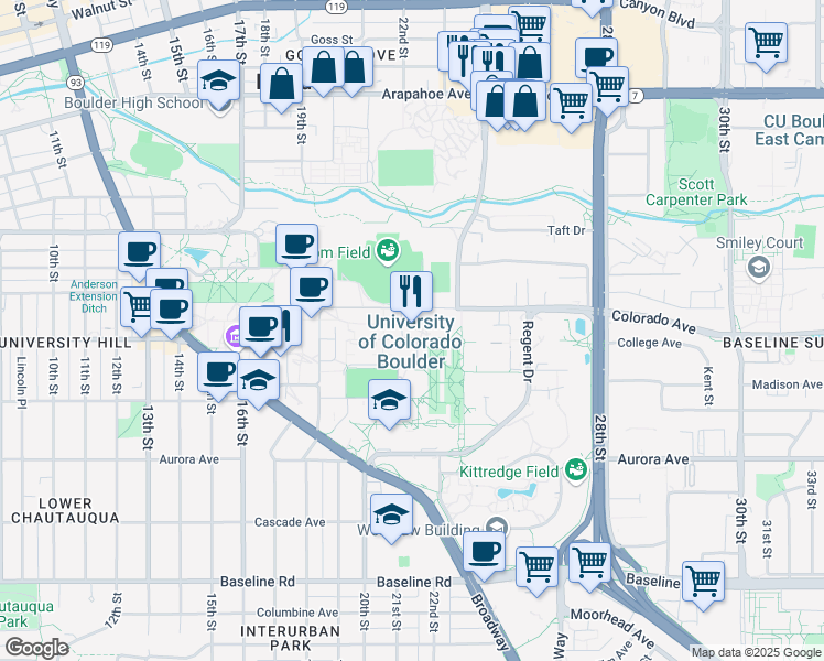 map of restaurants, bars, coffee shops, grocery stores, and more near in Boulder