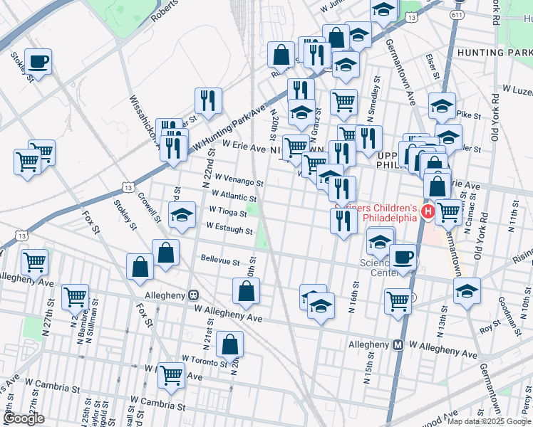 map of restaurants, bars, coffee shops, grocery stores, and more near 1931 West Tioga Street in Philadelphia