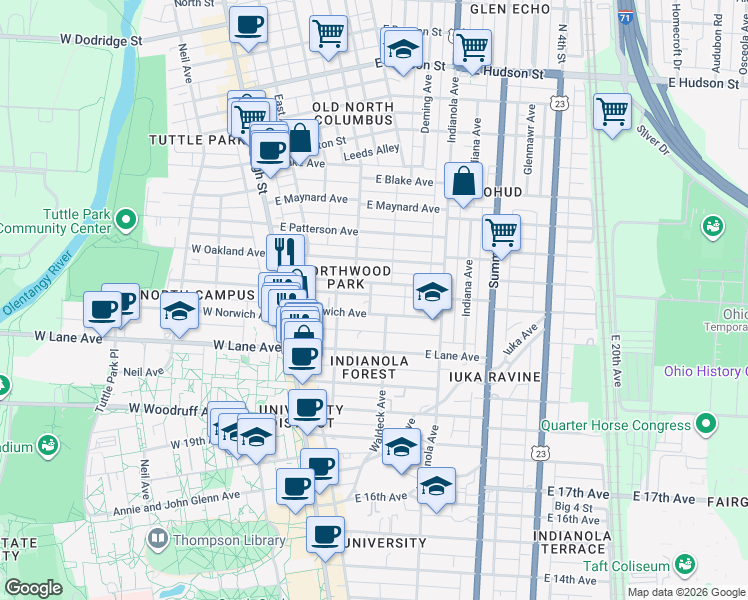 map of restaurants, bars, coffee shops, grocery stores, and more near 2196 Waldeck Avenue in Columbus