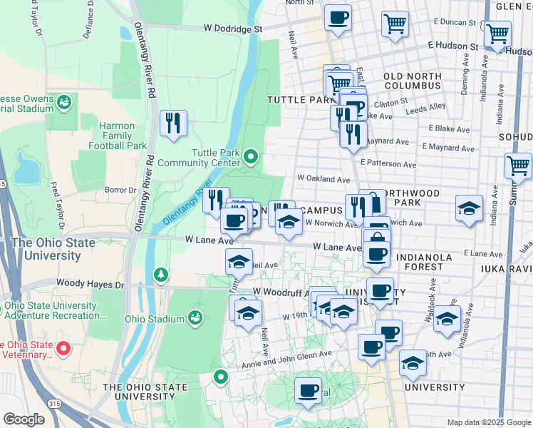 map of restaurants, bars, coffee shops, grocery stores, and more near 232 Turpie Street in Columbus