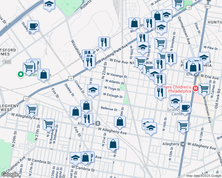 map of restaurants, bars, coffee shops, grocery stores, and more near 2100 West Tioga Street in Philadelphia
