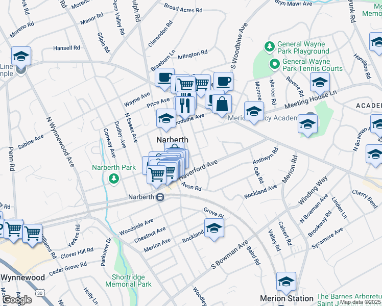 map of restaurants, bars, coffee shops, grocery stores, and more near 323 Windsor Avenue in Narberth