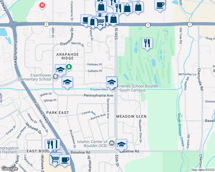 map of restaurants, bars, coffee shops, grocery stores, and more near 5420 Centennial Trail in Boulder